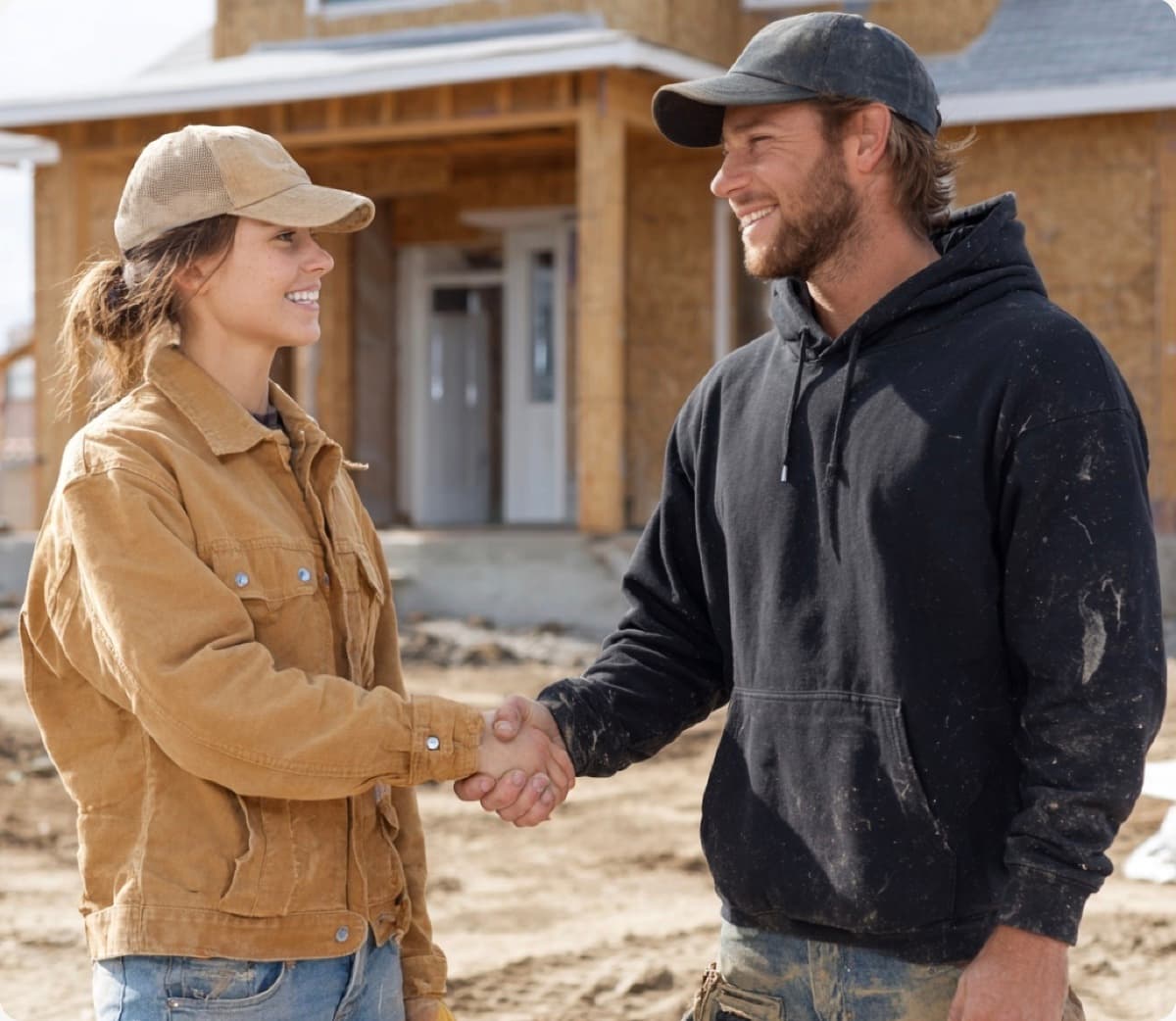 Builder and subcontractor shaking hands at a construction site